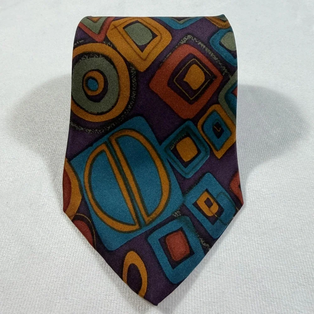 Vintage Monsieur Givenchy Silk Necktie Geometric Abstract Teal Purple Orange EUC